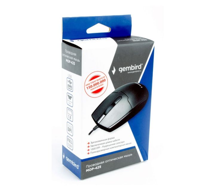Мышь Gembird MOP-425, USB, черный, 2кн.+колесо-кнопка, 1000 DPI, кабель 1.8м