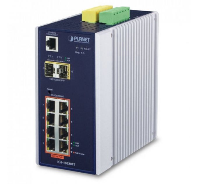 Коммутатор PLANET IP30 Industrial 8-Port 10/100/1000T + 2-Port 100/1000X SFP Ethernet Switch (-40~75 degrees C)