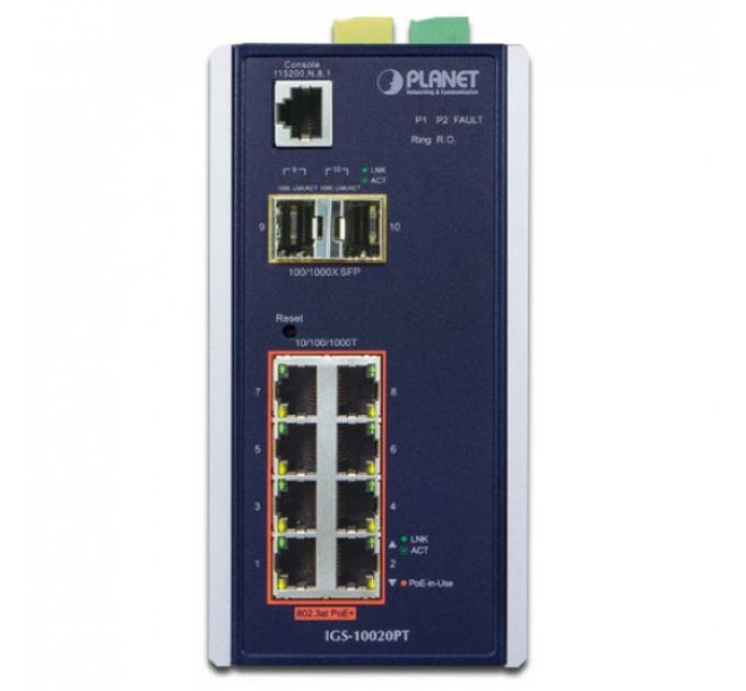 Коммутатор PLANET IP30 Industrial 8-Port 10/100/1000T + 2-Port 100/1000X SFP Ethernet Switch (-40~75 degrees C)