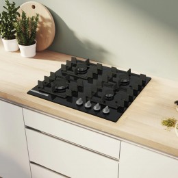 Газовая панель Bosch PNN6B6K40, 4 конфорки, 4.5 см, 59x52 см, газ-контроль, автоподжиг, черное стекло