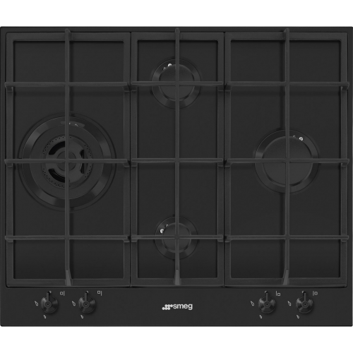 Варочная поверхность Smeg/ Газовая варочная поверхность, 60 см, Classica, 4 конфорки, поворотные переключатели, газ-контроль, автоматический электроподжиг, чугунные решетки, цвет черный