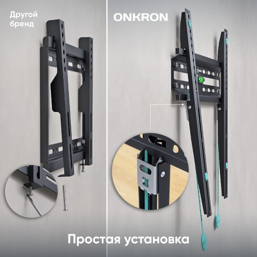 Кронштейн ONKRON для телевизоров 32-65 | Наклон 0º, Поворот 0º, Макс. 400x400, Черный, до 50кг