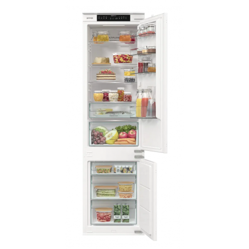 Встраиваемый двухкамерный холодильник Gorenje - белый, с металлической дверцей, открывание влево/вправо, класс SN/N/ST/T
