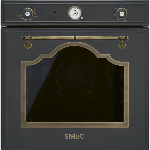Многофункциональный духовой шкаф Smeg 60 см, 6 функций, антрацитовый цвет, латунная фурнитура
