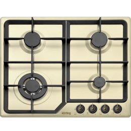 Варочная панель Korting hg 630 ctsb, газовая, 60x51 см, электроподжиг, газ-контроль, чугунные решетки, WOK, слоновая кость, бронзовые ручки.