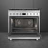 Плита SMEG Classica 90x60 см – газовая варочная панель с 6 конфорками, электрической духовкой (129 л), грилем, газ-контролем и энергоэффективностью А, нержавеющая сталь