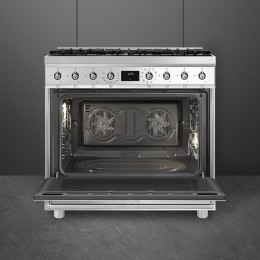 Плита SMEG C9GMX2, 90х60 см, газовая, 6 конфорок, электрическая духовка, 129 л, нержавеющая сталь