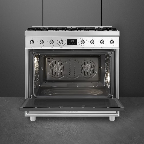 Плита SMEG Classica 90x60 см – газовая варочная панель с 6 конфорками, электрической духовкой (129 л), грилем, газ-контролем и энергоэффективностью А, нержавеющая сталь
