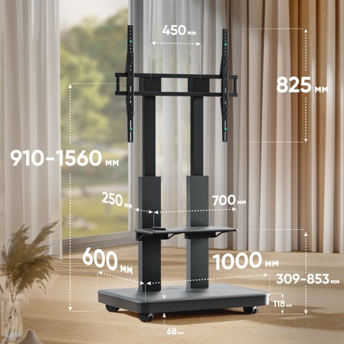 Мобильная моторизованная стойка ONKRON для ТВ 50-120 (200x200 до 900x800) - максимальная нагрузка 120кг, высота 910-1560мм, с кабель-каналом и регулируемой полкой, черная