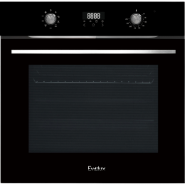 EVELUX EO 635 PB - Встраиваемый духовой шкаф 60 см, 71 л, 9 режимов, черное стекло, утапливаемые переключатели, универсальный противень, решетка-гриль, телескопические направляющие, двойное стекло, защитное отключение, охлаждающий вентилятор.