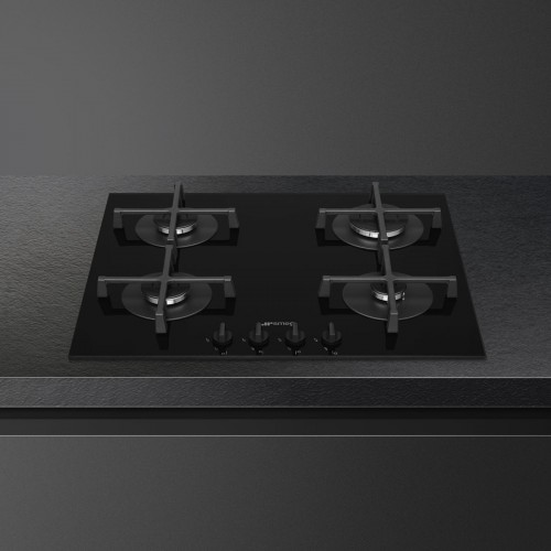 Варочная поверхность Smeg/ Варочная поверхность Smeg, газ, 60 см, Selezione, поворотные переключатели, чугунные решетки, 4 конфорки, газ-контроль, автоматический электроподжиг, материал поверхности стекло, цвет черный