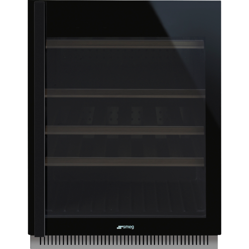 Винные шкафы SMEG/ Холодильный шкаф для вина встраиваемый, ВхШхГ 820х595х566 мм, петли справа, черное стекло.