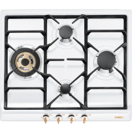 Газовая варочная поверхность SMEG SPR864BGH, 60 см, белая, позолоченная фурнитура, 4 конфорки, WOK.