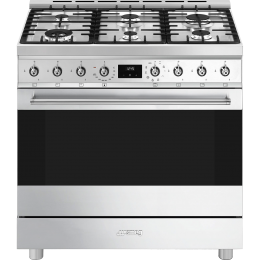 Плита SMEG C9GMX2, 90х60 см, газовая, 6 конфорок, электрическая духовка, 129 л, нержавеющая сталь