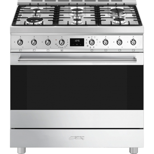Плита SMEG Classica 90x60 см – газовая варочная панель с 6 конфорками, электрической духовкой (129 л), грилем, газ-контролем и энергоэффективностью А, нержавеющая сталь