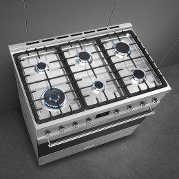 Плита SMEG C9GMX2, 90х60 см, газовая, 6 конфорок, электрическая духовка, 129 л, нержавеющая сталь