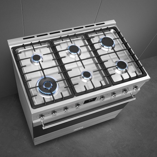 Плита SMEG Classica 90x60 см – газовая варочная панель с 6 конфорками, электрической духовкой (129 л), грилем, газ-контролем и энергоэффективностью А, нержавеющая сталь