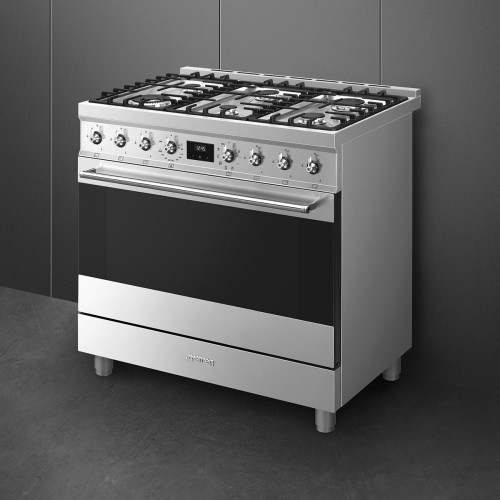 Плита SMEG Classica 90x60 см – газовая варочная панель с 6 конфорками, электрической духовкой (129 л), грилем, газ-контролем и энергоэффективностью А, нержавеющая сталь