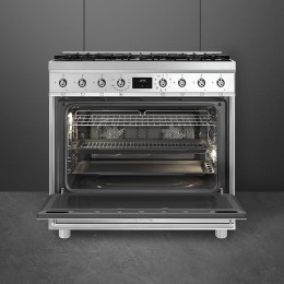 Плита SMEG C9GMX2, 90х60 см, газовая, 6 конфорок, электрическая духовка, 129 л, нержавеющая сталь