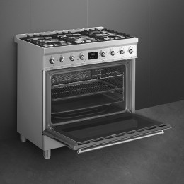 Плита SMEG C9GMX2, 90х60 см, газовая, 6 конфорок, электрическая духовка, 129 л, нержавеющая сталь