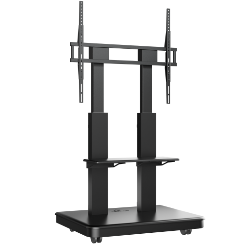 Мобильная моторизованная стойка ONKRON для ТВ 50-120 (200x200 до 900x800) - максимальная нагрузка 120кг, высота 910-1560мм, с кабель-каналом и регулируемой полкой, черная