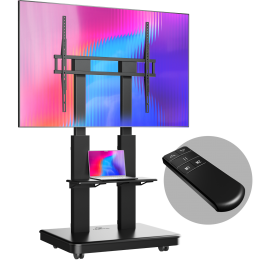 ONKRON TS2811 Elift BLACK — Моторизованная мобильная стойка для ТВ 50-120 (120кг, VESA 200x200-900x800, высота 910-1560мм) с кабель-каналом и полкой.