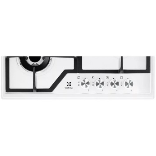 Встраиваемые газовые панели ELECTROLUX/ газовая на 4 конфорки, эмалированная сталь белого цвета, мощность: 8800 Вт, автоматический электроподжиг, газ-контроль, решетки: чугун, независимая установка, размеры (ШхГ): 59.5x51 см
