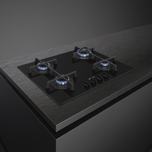 Варочная поверхность Smeg/ Варочная поверхность Smeg, газ, 60 см, Selezione, поворотные переключатели, чугунные решетки, 4 конфорки, газ-контроль, автоматический электроподжиг, материал поверхности стекло, цвет черный