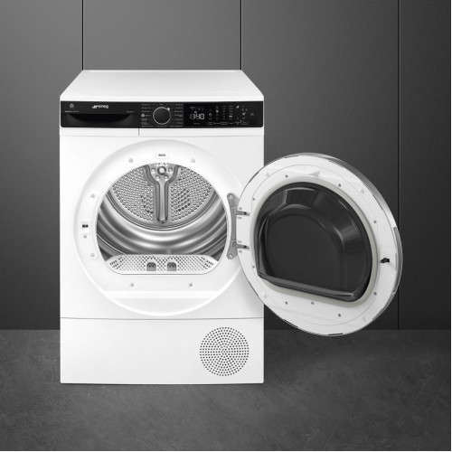Сушильная машина SMEG 60 см с LED дисплеем, 15 программами и инверторным мотором, 9 кг, А+++ - Отдельностоящая модель с подсветкой барабана и сенсором влажности