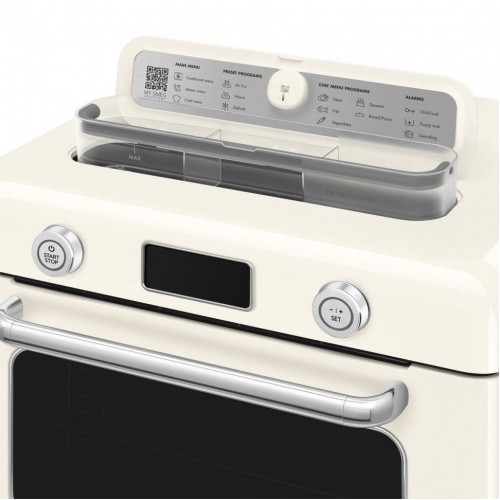 Мини-печь Smeg, поворотные переключатели, LCD дисплей, 10 функций приготовления, пар, таймер, акустический сигнал, галогенная подсветка, 3 стекла в дверце, электронный контроль температуры, объем 30 л, стиль 50-х годов, цвет кремовый