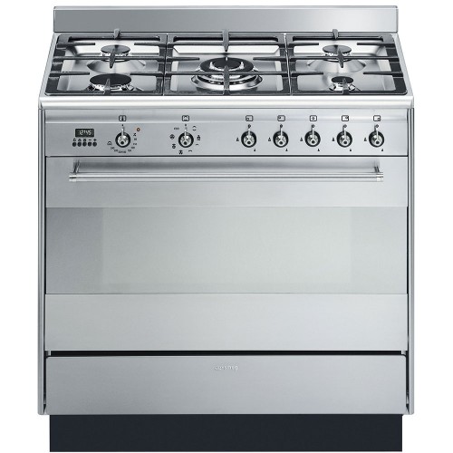 Варочный центр SMEG 90х60 см - газовая панель с 5 конфорками, электрической духовкой и грилем, нержавеющая сталь, класс A