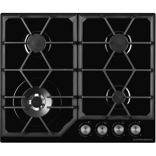 H1: Газовая варочная поверхность Kuppersberg 60 см с WOK конфоркой, автоподжигом и чугунными решетками - Черная закаленная стеклянная модель
