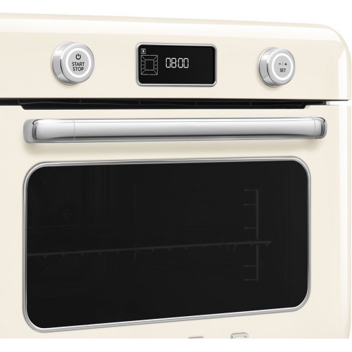 Мини-печь Smeg, поворотные переключатели, LCD дисплей, 10 функций приготовления, пар, таймер, акустический сигнал, галогенная подсветка, 3 стекла в дверце, электронный контроль температуры, объем 30 л, стиль 50-х годов, цвет кремовый