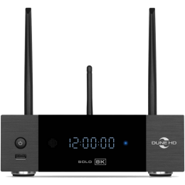 Медиаплеер/ Mediaplayer Dune HD Solo 8K: 8K/60 Hz/Dolby Vision/HDR10+/HDR, CPU Amlogic S9284-K/J, RAM 8 Gb, Flash 64 Gb, 3xUSB3.0, 1xUSB2.0, HDD SATA 3.5", LAN 1000Mb/s, WiFi 802.11ax, BT 5.2, HDMI 2.1a, S/PDIF, Audio Out RCA, BT+Voice Remote Control