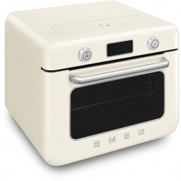 Мини-печь Smeg, поворотные переключатели, LCD дисплей, 10 функций приготовления, пар, таймер, акустический сигнал, галогенная подсветка, 3 стекла в дверце, электронный контроль температуры, объем 30 л, стиль 50-х годов, цвет кремовый