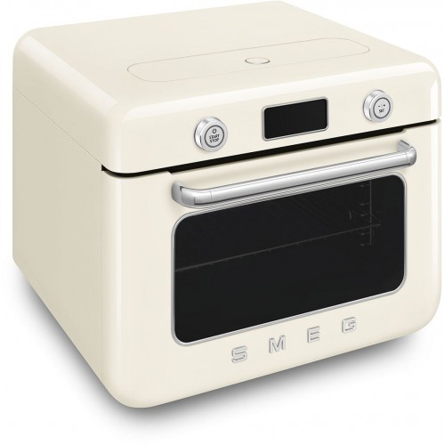 Мини-печь Smeg, поворотные переключатели, LCD дисплей, 10 функций приготовления, пар, таймер, акустический сигнал, галогенная подсветка, 3 стекла в дверце, электронный контроль температуры, объем 30 л, стиль 50-х годов, цвет кремовый