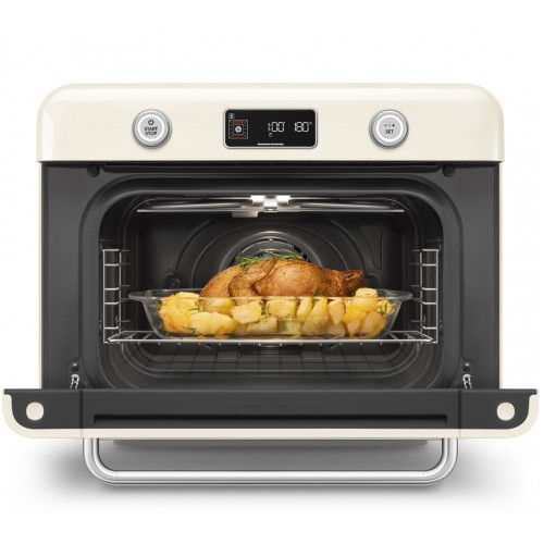 Мини-печь Smeg, поворотные переключатели, LCD дисплей, 10 функций приготовления, пар, таймер, акустический сигнал, галогенная подсветка, 3 стекла в дверце, электронный контроль температуры, объем 30 л, стиль 50-х годов, цвет кремовый