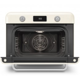 Мини-печь Smeg, поворотные переключатели, LCD дисплей, 10 функций приготовления, пар, таймер, акустический сигнал, галогенная подсветка, 3 стекла в дверце, электронный контроль температуры, объем 30 л, стиль 50-х годов, цвет кремовый