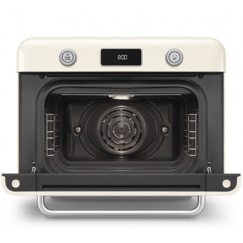 Мини-печь Smeg, поворотные переключатели, LCD дисплей, 10 функций приготовления, пар, таймер, акустический сигнал, галогенная подсветка, 3 стекла в дверце, электронный контроль температуры, объем 30 л, стиль 50-х годов, цвет кремовый