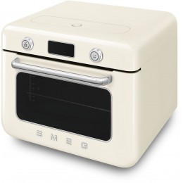 Мини-печь Smeg, поворотные переключатели, LCD дисплей, 10 функций приготовления, пар, таймер, акустический сигнал, галогенная подсветка, 3 стекла в дверце, электронный контроль температуры, объем 30 л, стиль 50-х годов, цвет кремовый