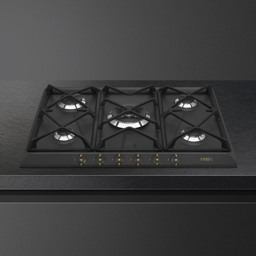 Встраиваемая газовая панель SMEG Coloniale 70 см антрацит с латунной фурнитурой - купить в интернет-магазине