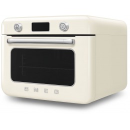 Мини-печь Smeg, поворотные переключатели, LCD дисплей, 10 функций приготовления, пар, таймер, акустический сигнал, галогенная подсветка, 3 стекла в дверце, электронный контроль температуры, объем 30 л, стиль 50-х годов, цвет кремовый