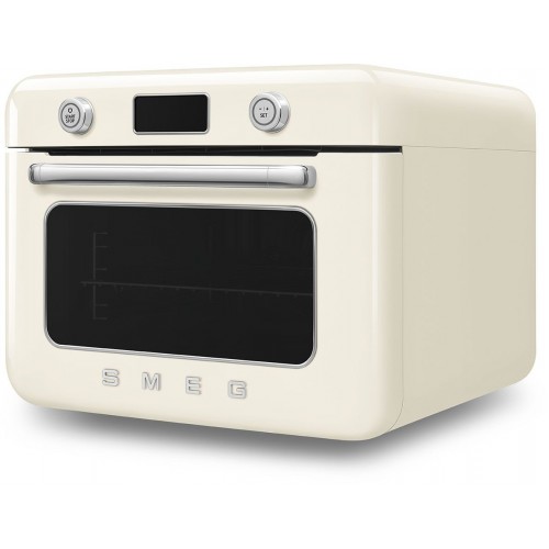 Мини-печь Smeg, поворотные переключатели, LCD дисплей, 10 функций приготовления, пар, таймер, акустический сигнал, галогенная подсветка, 3 стекла в дверце, электронный контроль температуры, объем 30 л, стиль 50-х годов, цвет кремовый