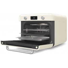 Мини-печь Smeg, поворотные переключатели, LCD дисплей, 10 функций приготовления, пар, таймер, акустический сигнал, галогенная подсветка, 3 стекла в дверце, электронный контроль температуры, объем 30 л, стиль 50-х годов, цвет кремовый