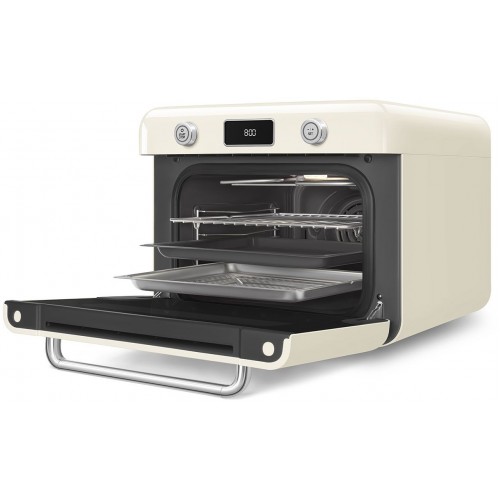 Мини-печь Smeg, поворотные переключатели, LCD дисплей, 10 функций приготовления, пар, таймер, акустический сигнал, галогенная подсветка, 3 стекла в дверце, электронный контроль температуры, объем 30 л, стиль 50-х годов, цвет кремовый