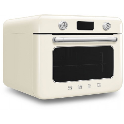 Мини-печь Smeg, поворотные переключатели, LCD дисплей, 10 функций приготовления, пар, таймер, акустический сигнал, галогенная подсветка, 3 стекла в дверце, электронный контроль температуры, объем 30 л, стиль 50-х годов, цвет кремовый