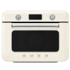 Мини-печь Smeg, поворотные переключатели, LCD дисплей, 10 функций приготовления, пар, таймер, акустический сигнал, галогенная подсветка, 3 стекла в дверце, электронный контроль температуры, объем 30 л, стиль 50-х годов, цвет кремовый