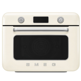 Мини-печь Smeg, поворотные переключатели, LCD дисплей, 10 функций приготовления, пар, таймер, акустический сигнал, галогенная подсветка, 3 стекла в дверце, электронный контроль температуры, объем 30 л, стиль 50-х годов, цвет кремовый