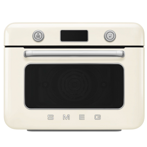 Мини-печь Smeg, поворотные переключатели, LCD дисплей, 10 функций приготовления, пар, таймер, акустический сигнал, галогенная подсветка, 3 стекла в дверце, электронный контроль температуры, объем 30 л, стиль 50-х годов, цвет кремовый