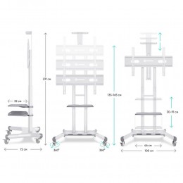 Мобильная стойка ONKRON TS1881 White для ТВ 50-86, VESA 300x100-800x500, макс. вес 90,9 кг, 2 полки, высота 1350-1650 мм.